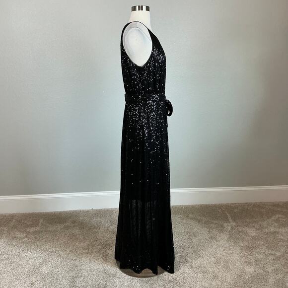 DKNY Sequined Halter Maxi Dress Size 8 Black Sequined Sleeveless Long Formal - Picture 3 of 14